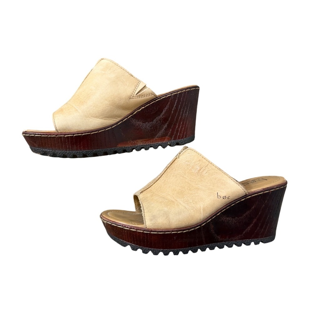 b.o.c Born Concept Beige Leather Wedge Slide Sandals Z12702 8M